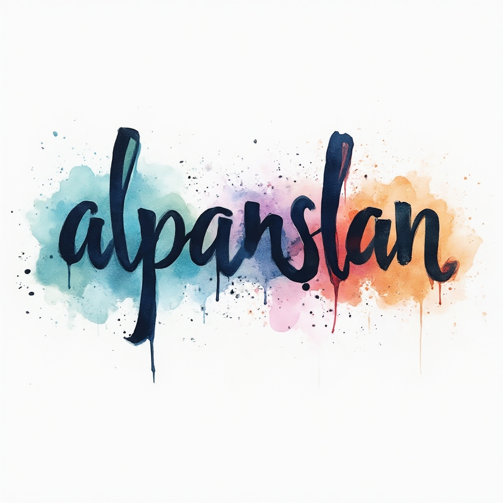 Watercolor-style tattoo concept of the name alparslan in colorful, flowing ink on a white background