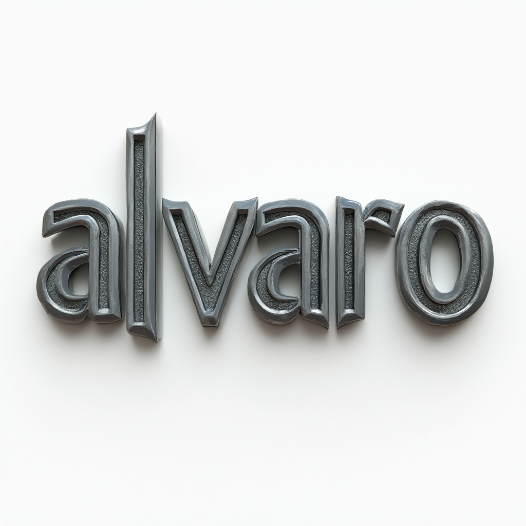 Dimensional metallic glyph-style lettering forming the name "alvaro" on a white background