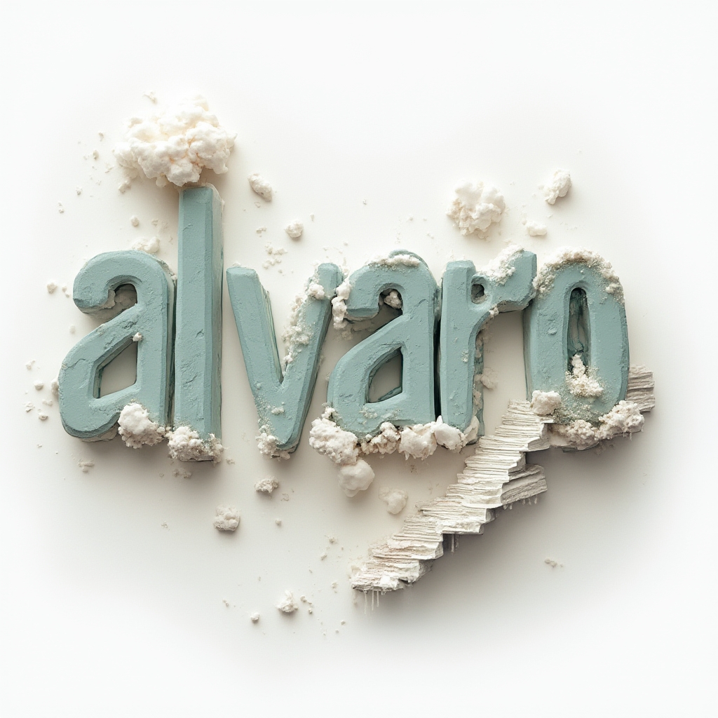Surreal dreamscape where the letters of "alvaro" melt into floating architectural shapes on a white background