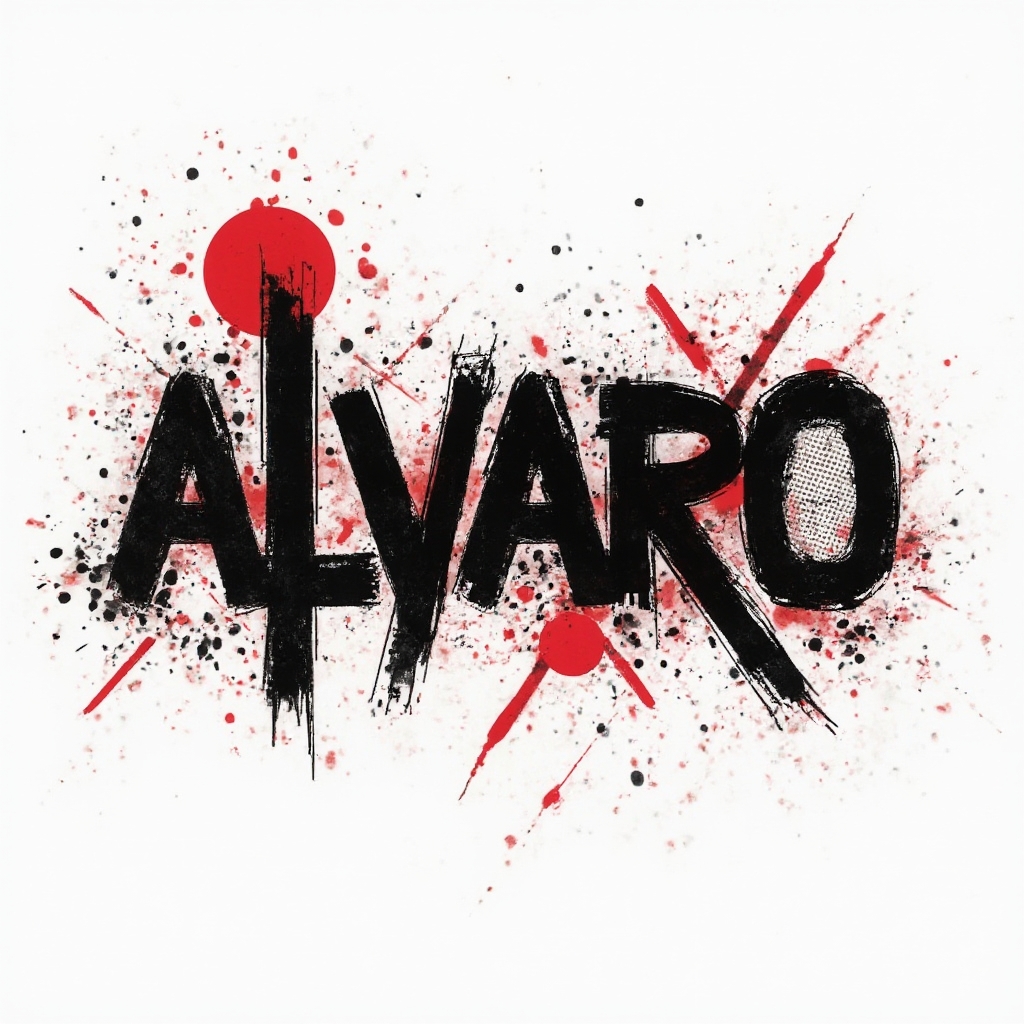 Bold black and red Trash Polka style lettering of "alvaro" with splashes and geometric shapes on white