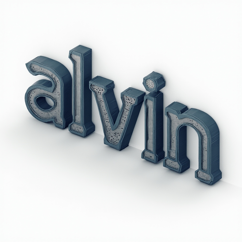 Futuristic dimensional lettering tattoo concept where the name alvin appears as sculpted glyph-like forms on a white background.
