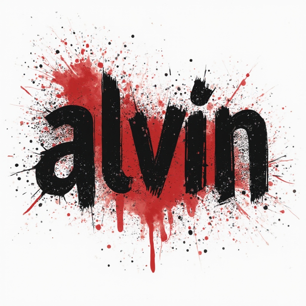 Trash Polka style tattoo concept where the name alvin is created with bold distressed lettering, black strokes, and red splashes on a white background.