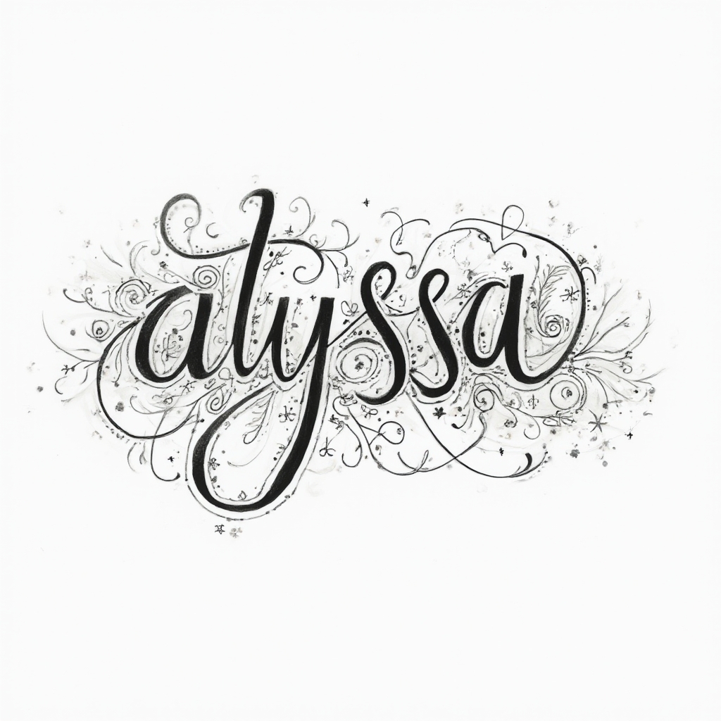 Ethereal geometric tattoo idea where alyssa is formed from flowing ornamental lines and fine details on white