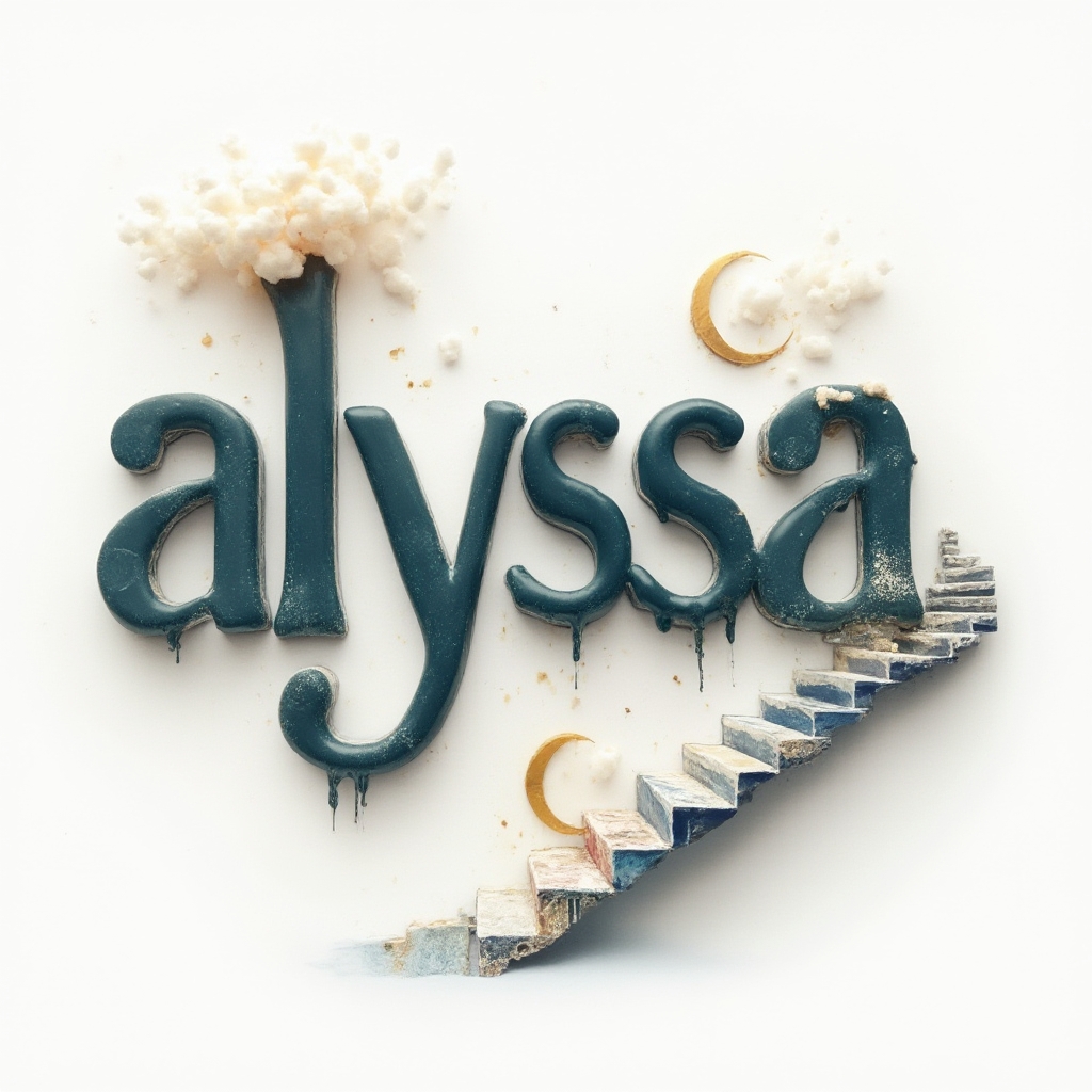 Surreal dreamscape tattoo where the name alyssa becomes melting letters and impossible structures on white