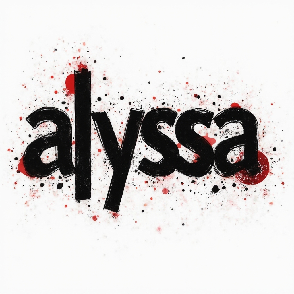 Trash Polka style tattoo concept with alyssa formed from bold black letters, red accents, and abstract splatters on white