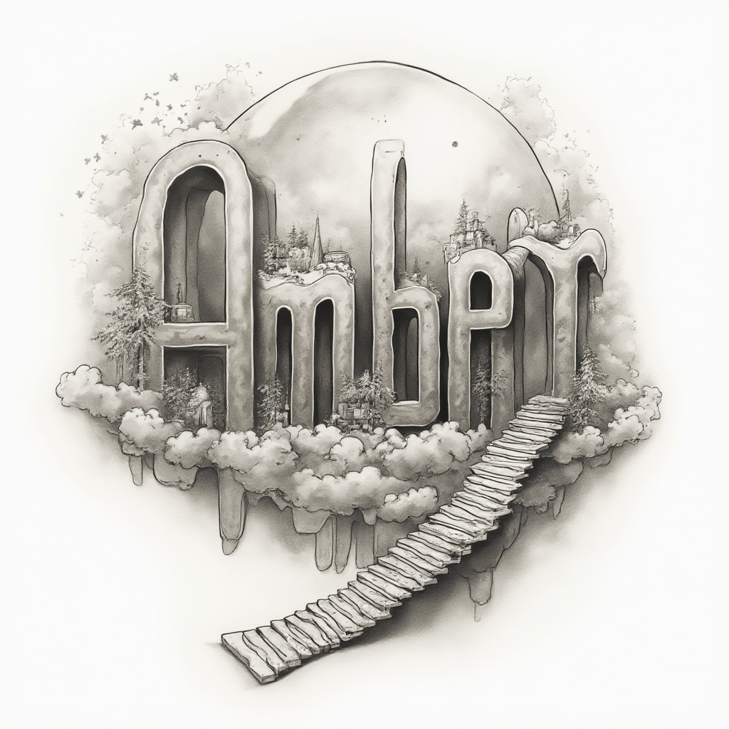 surreal dreamscape tattoo design with the name amber transforming into impossible shapes on white background