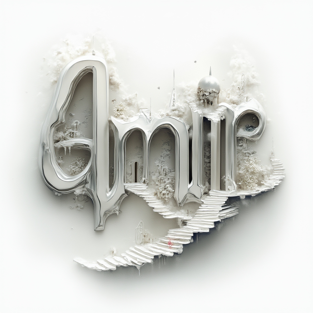 Surreal dreamlike structures forming the name amir on a white background.