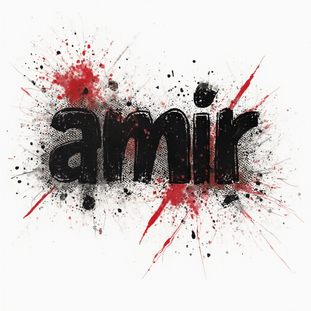High-contrast black and red Trash Polka style shapes forming the name amir on a white background.