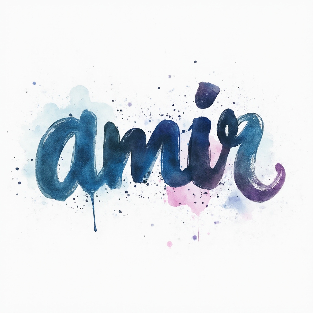 Watercolor-style abstract lettering forming the name amir with colorful splashes on a white background.
