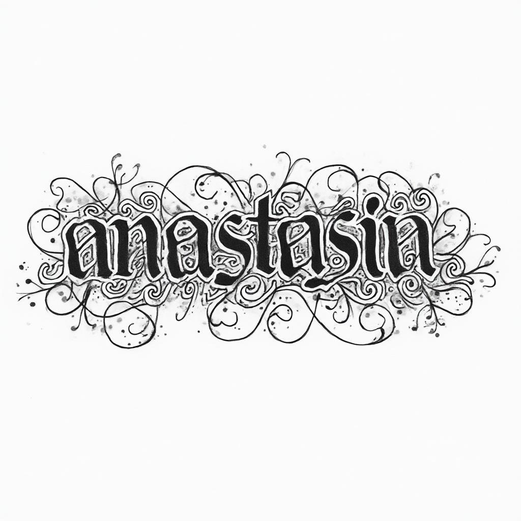 Abstract ornamental tattoo design where the name anastasia is hidden within flowing black linework on white.