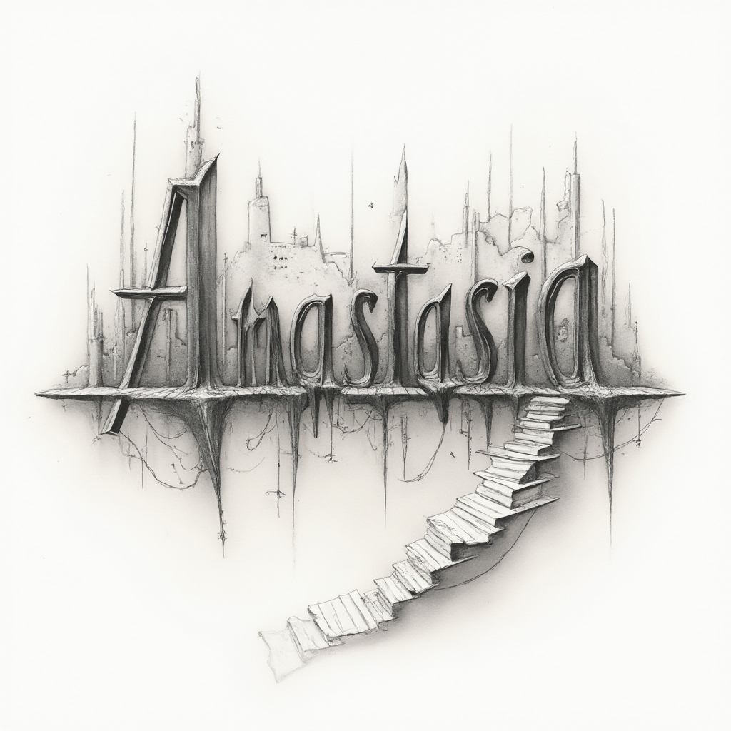 Surreal tattoo design where the name anastasia transforms into an impossible dreamlike structure on a white background.
