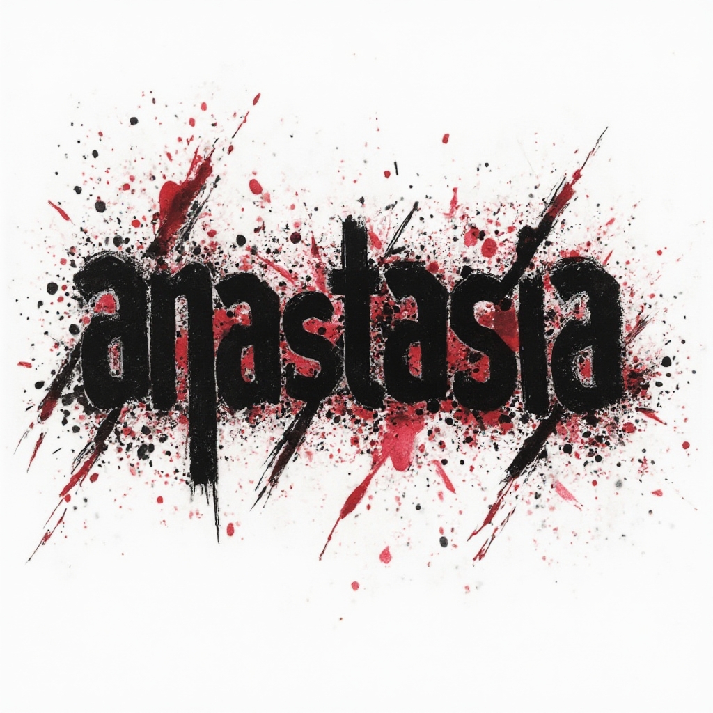 Trash Polka style tattoo concept of the name anastasia with bold black and red graphic elements on white.