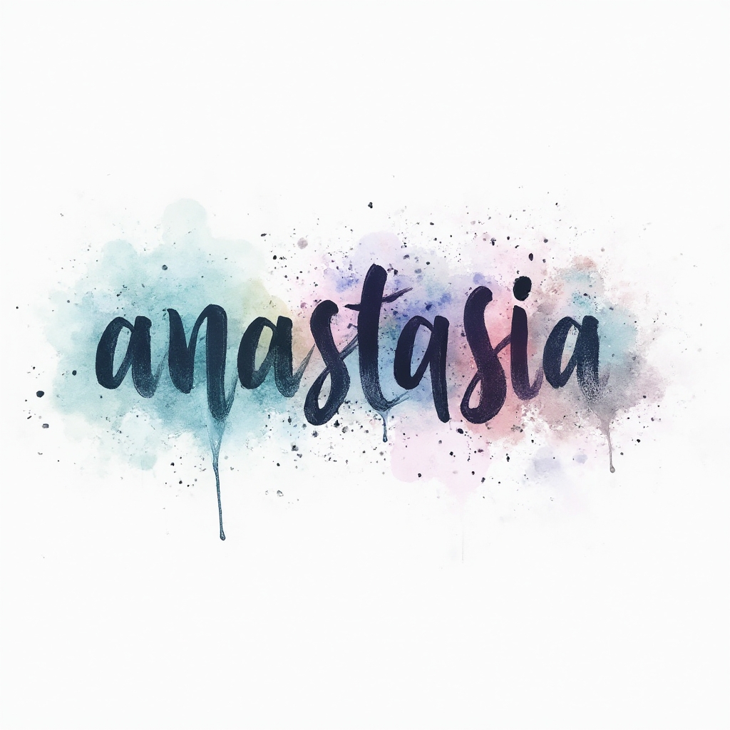 Watercolor tattoo concept of the name anastasia dissolving into colorful paint splashes on a white background.