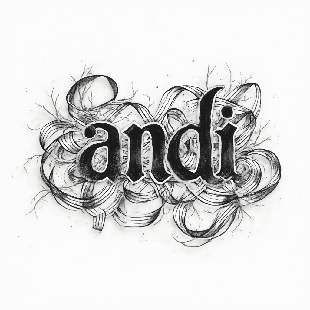 ornamental dimensional tattoo concept weaving the name andi from interlacing bands of black linework on white