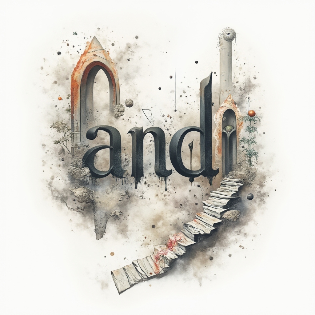 surreal tattoo artwork forming the name andi from impossible dreamlike structures on a white background