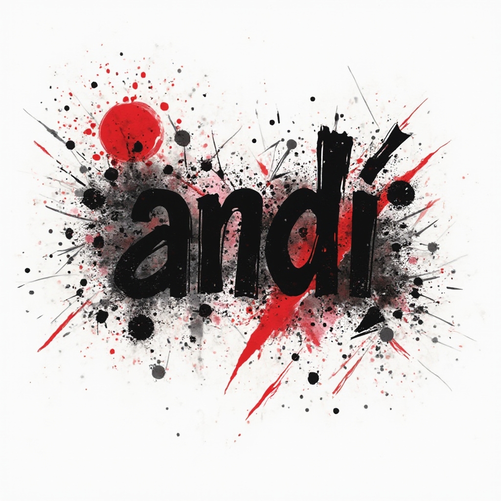 trash polka tattoo design where the name andi is formed by fractured black strokes and red accents on white