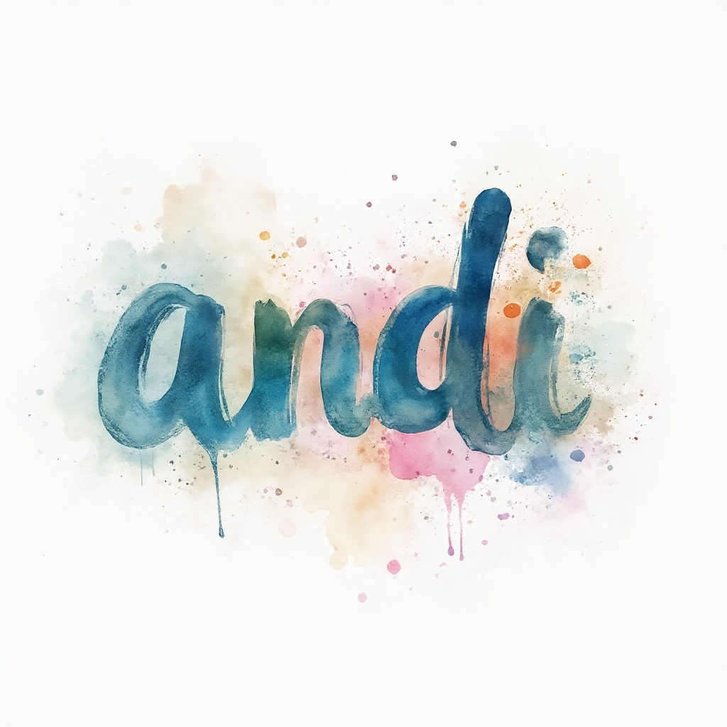 watercolor tattoo concept of the name andi painted as flowing colorful brushstroke letters on a white background