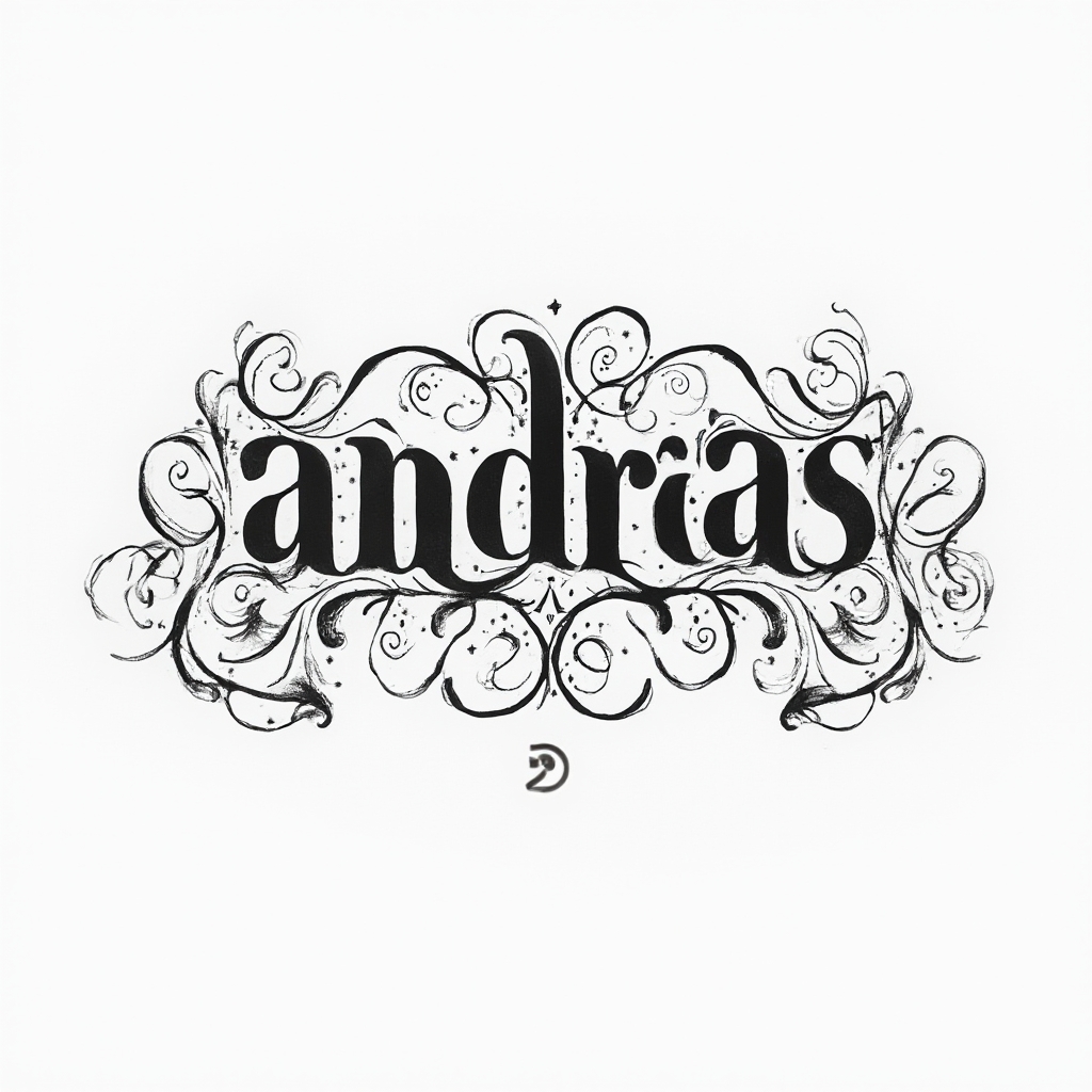 Ornamental tattoo design of the name andreas in flowing decorative script framed by intricate flourishes on a white background
