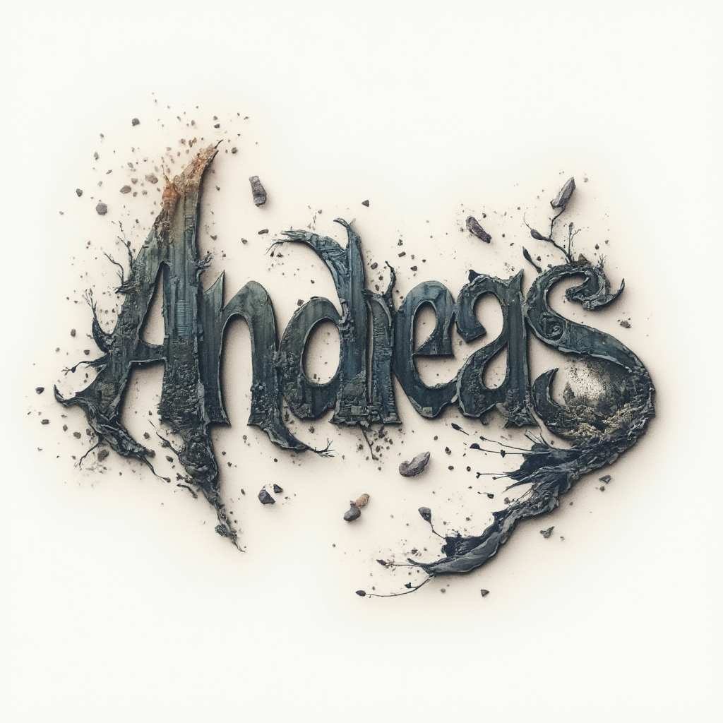 Surrealism tattoo design of the name andreas with morphing architectural letters and floating fragments on a white background