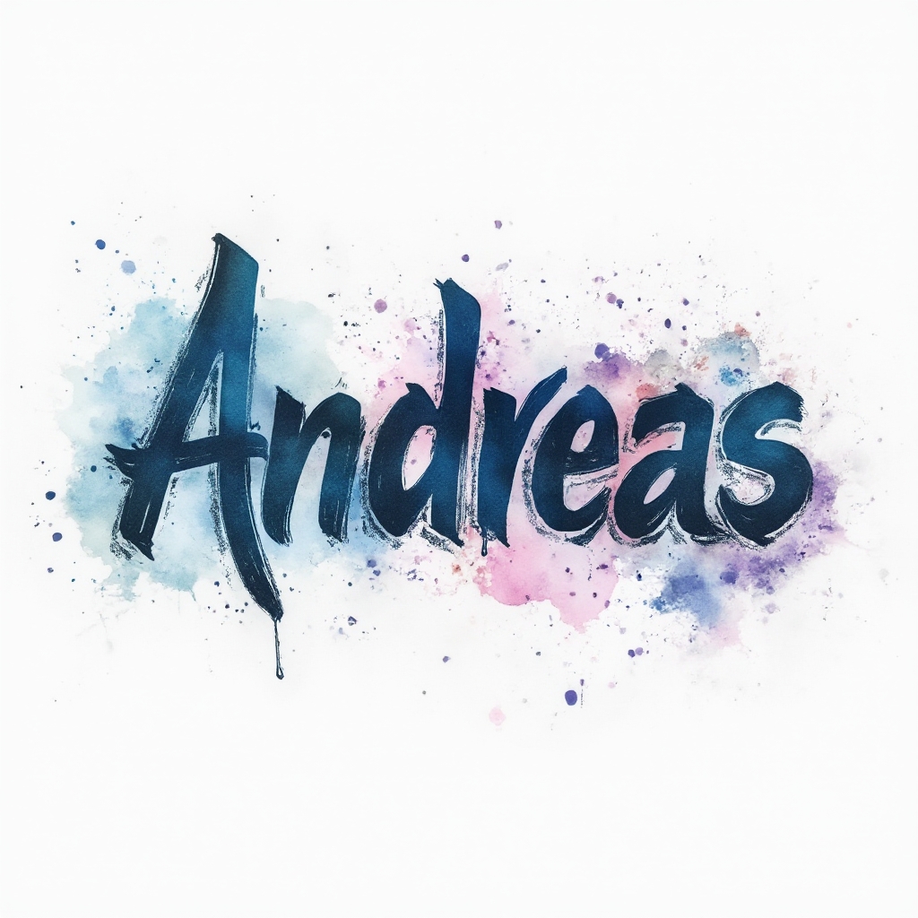 Watercolor tattoo concept of the name andreas with flowing colorful brushstroke letters on a white background
