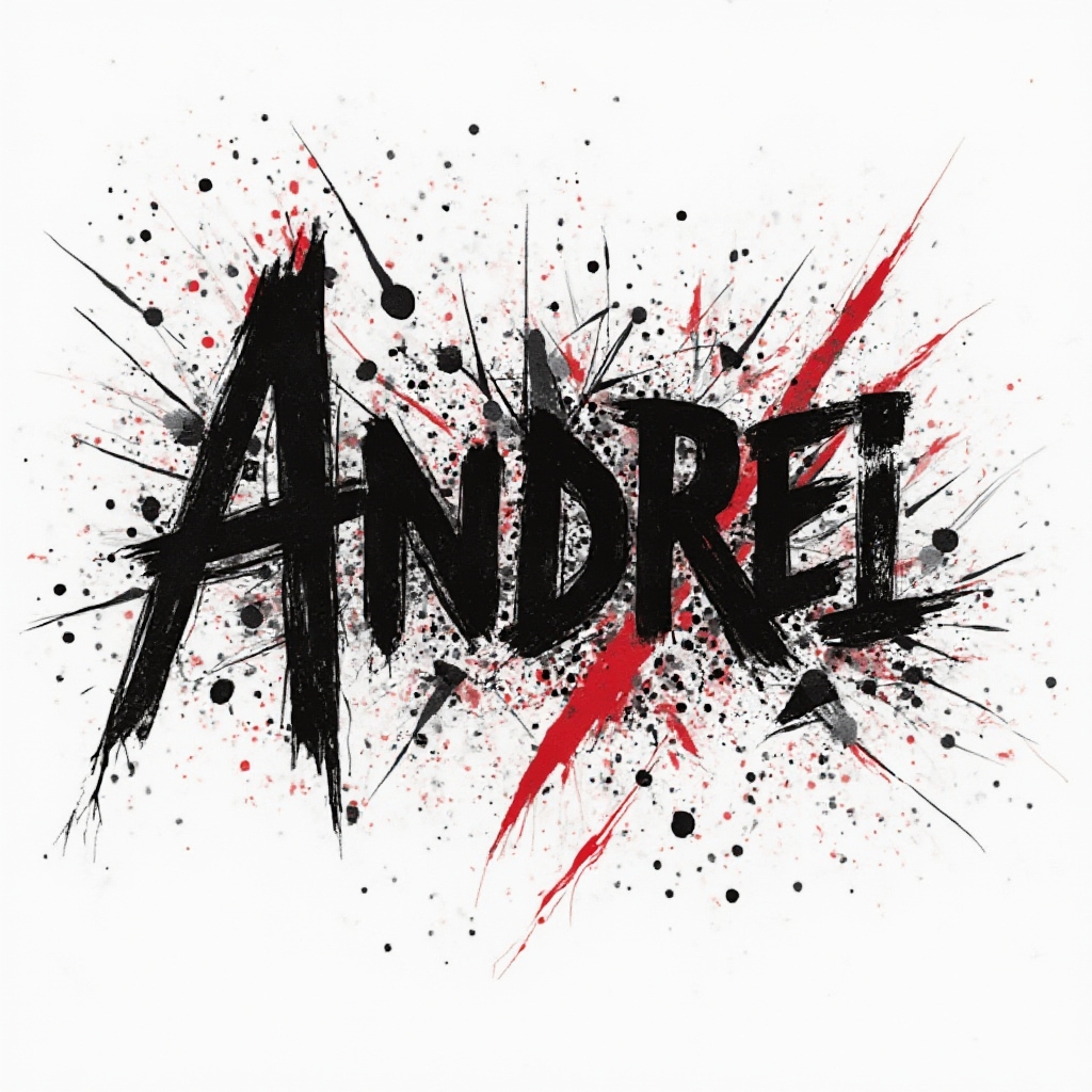 Trash Polka tattoo concept with the name andrei in bold black and red graphic collage on a white background