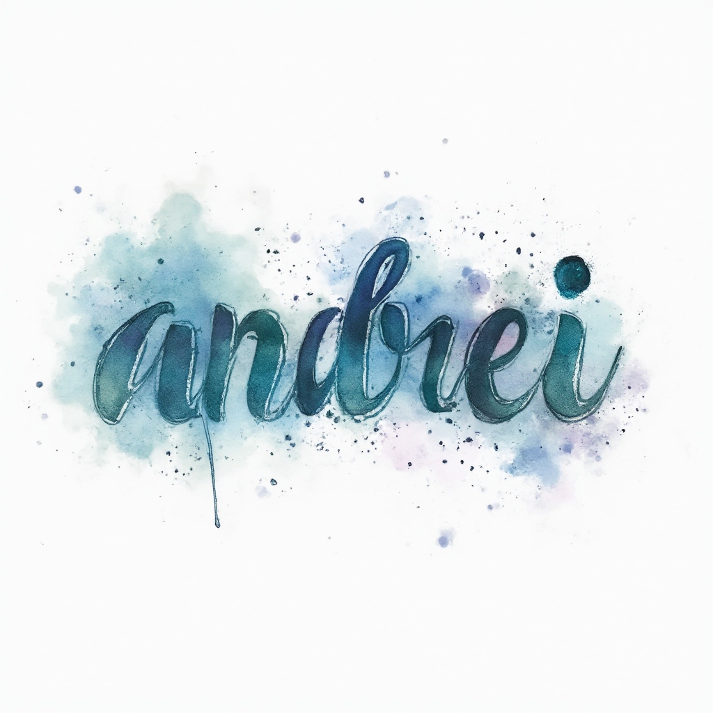 Watercolor tattoo concept featuring the name andrei in flowing colorful brushstroke lettering on a white background