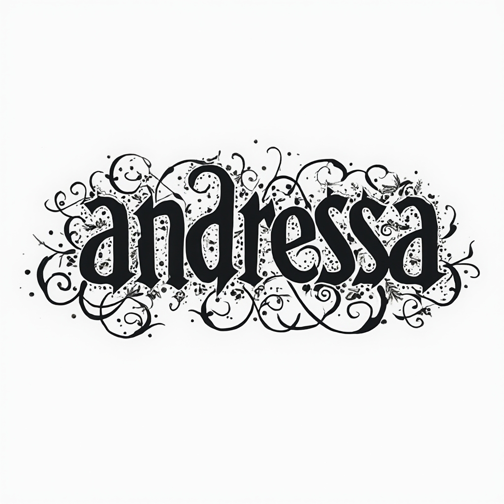 Abstract ornamental black-ink tattoo concept forming the name andressa on a white background