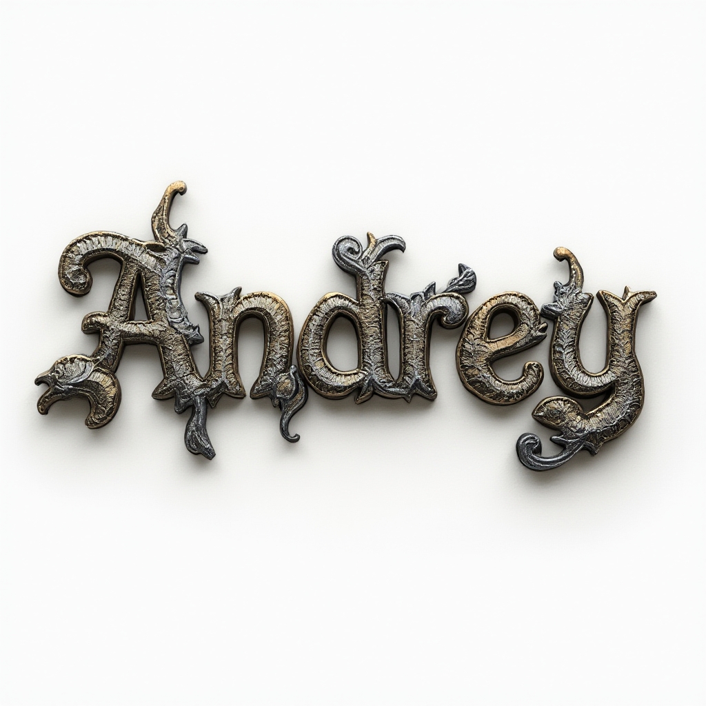 AI-Original-Style tattoo design of the name andrey with ornamental, sculpted lettering on white