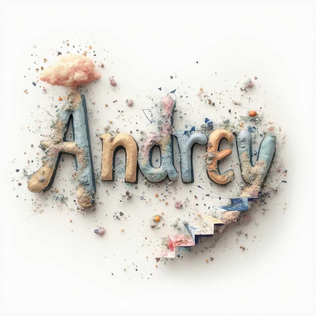 Surreal tattoo design of the name andrey with dreamlike letterforms and abstract shapes on white