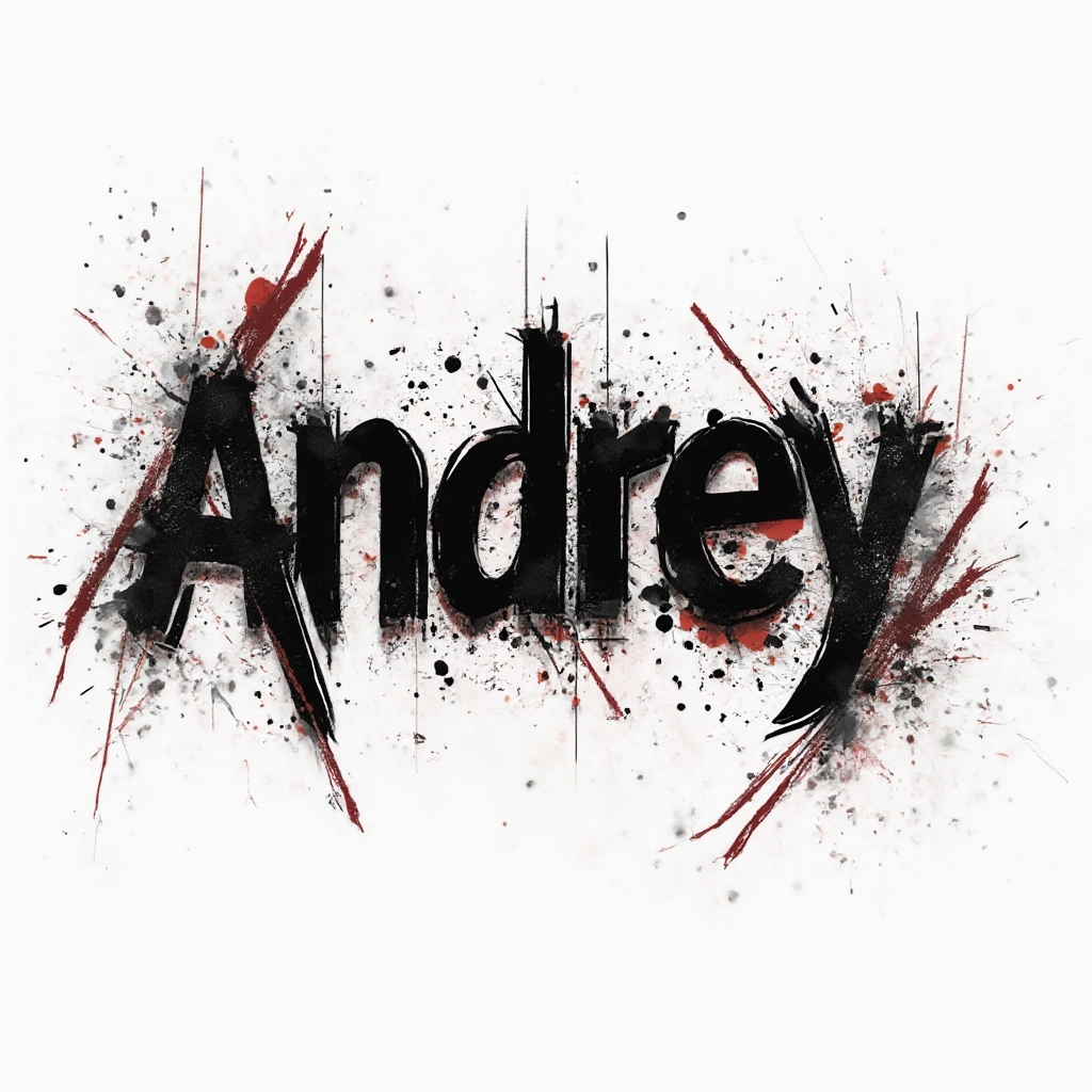 Trash Polka tattoo concept of the name andrey with bold black and red abstract lettering on white