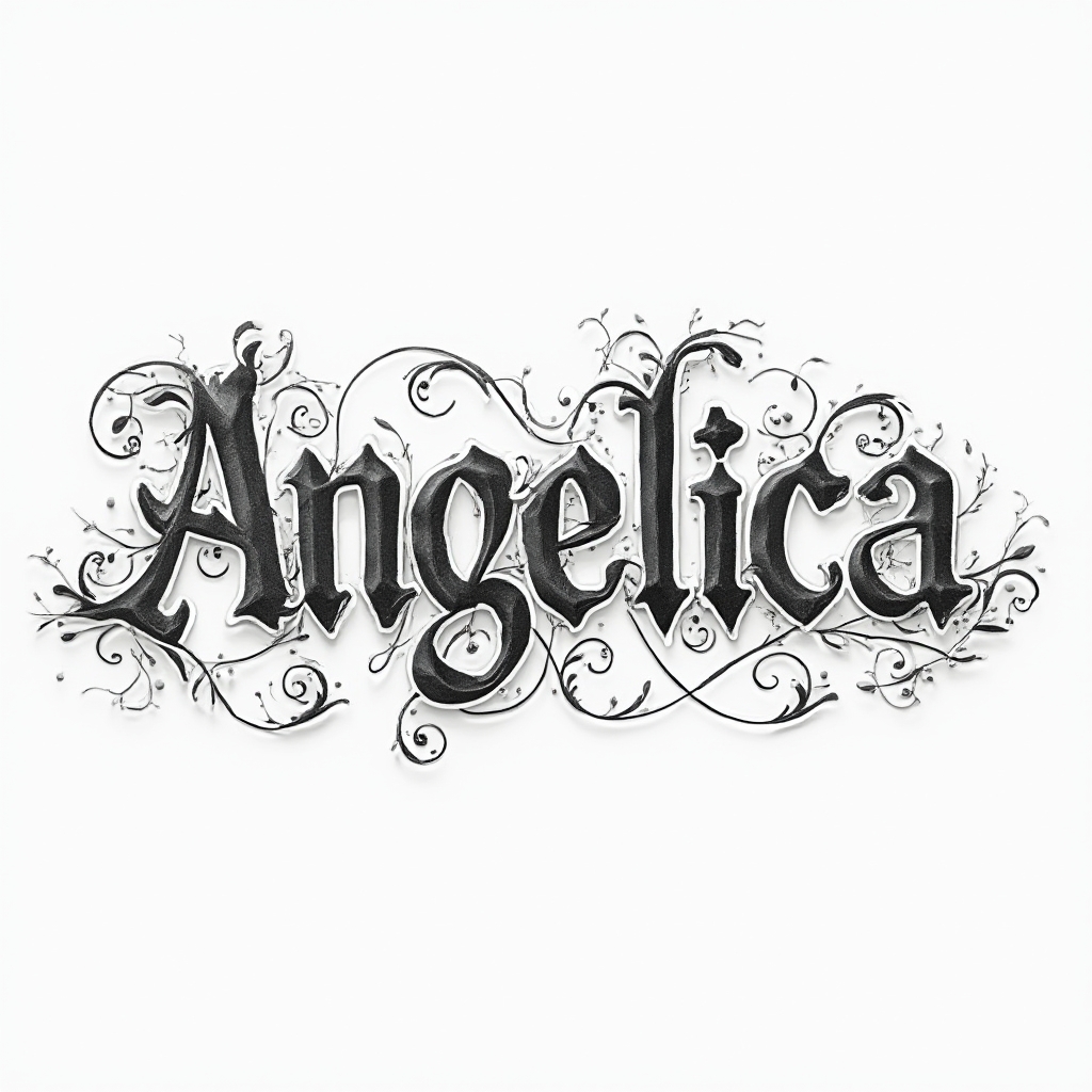 Ornamental black and gray tattoo concept where the name angelica is formed by intricate flowing lettering on a white background.