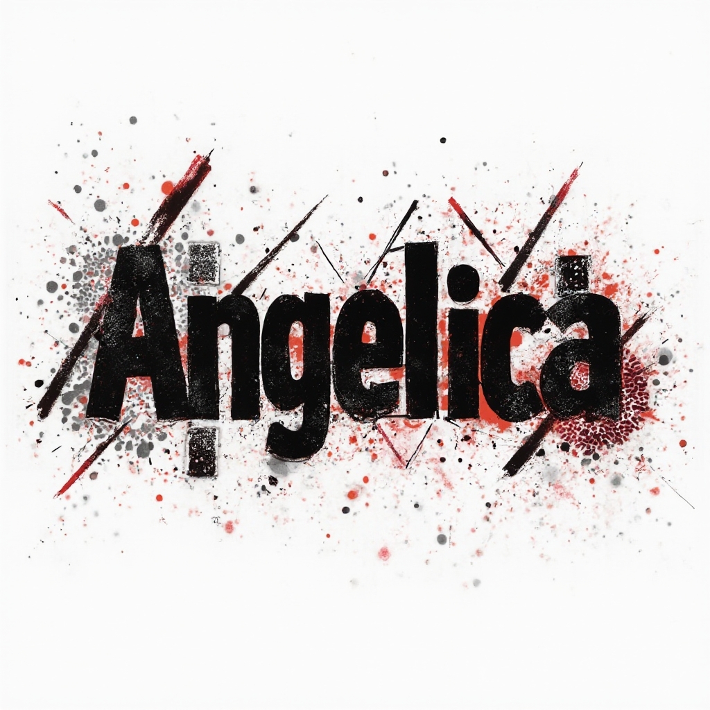 Trash Polka style tattoo concept with the name angelica in fractured black and red graphic textures on a white background.