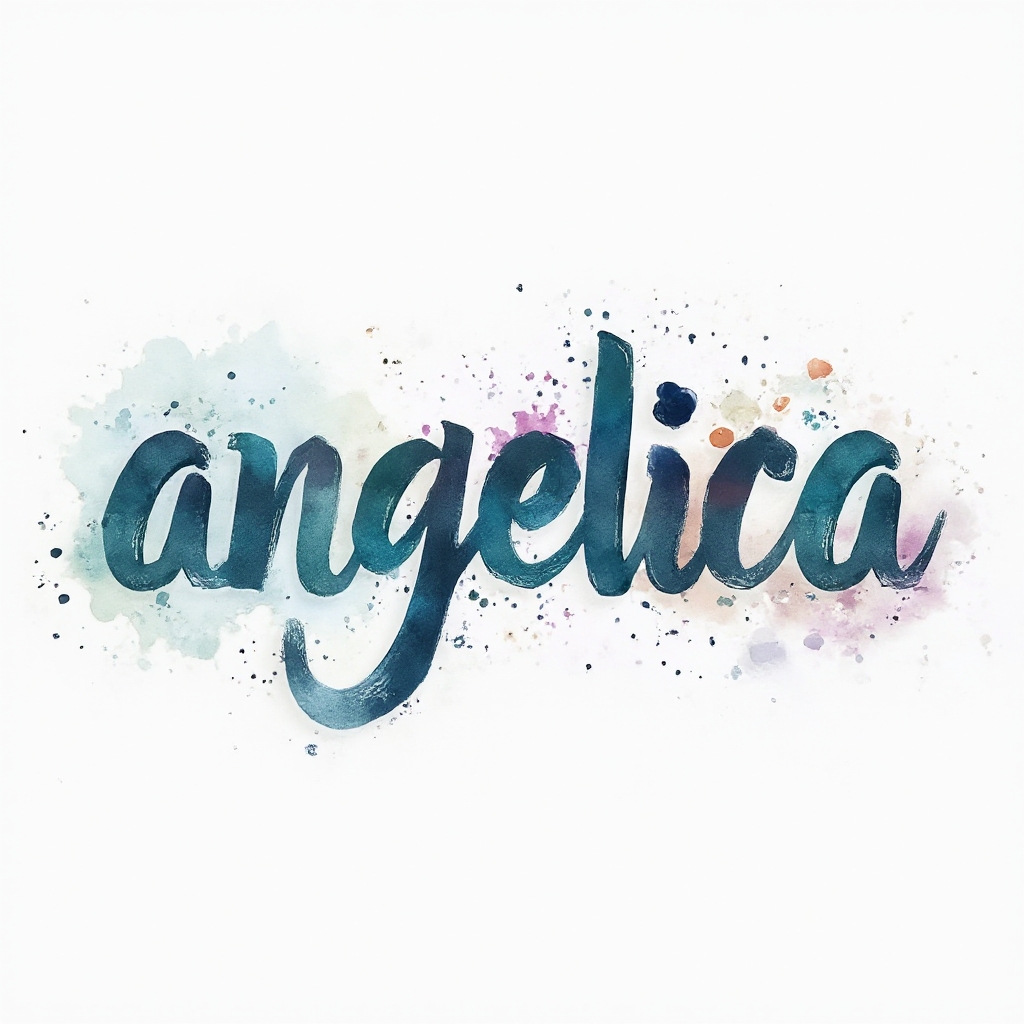 Watercolor style tattoo concept integrating the name angelica in flowing painted letters on a white background.