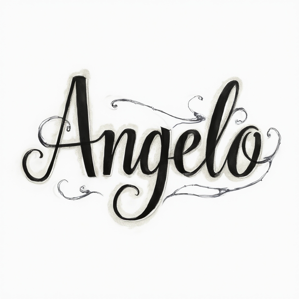 Elegant dimensional script tattoo concept of the name angelo in flowing black and gray lettering on white background.