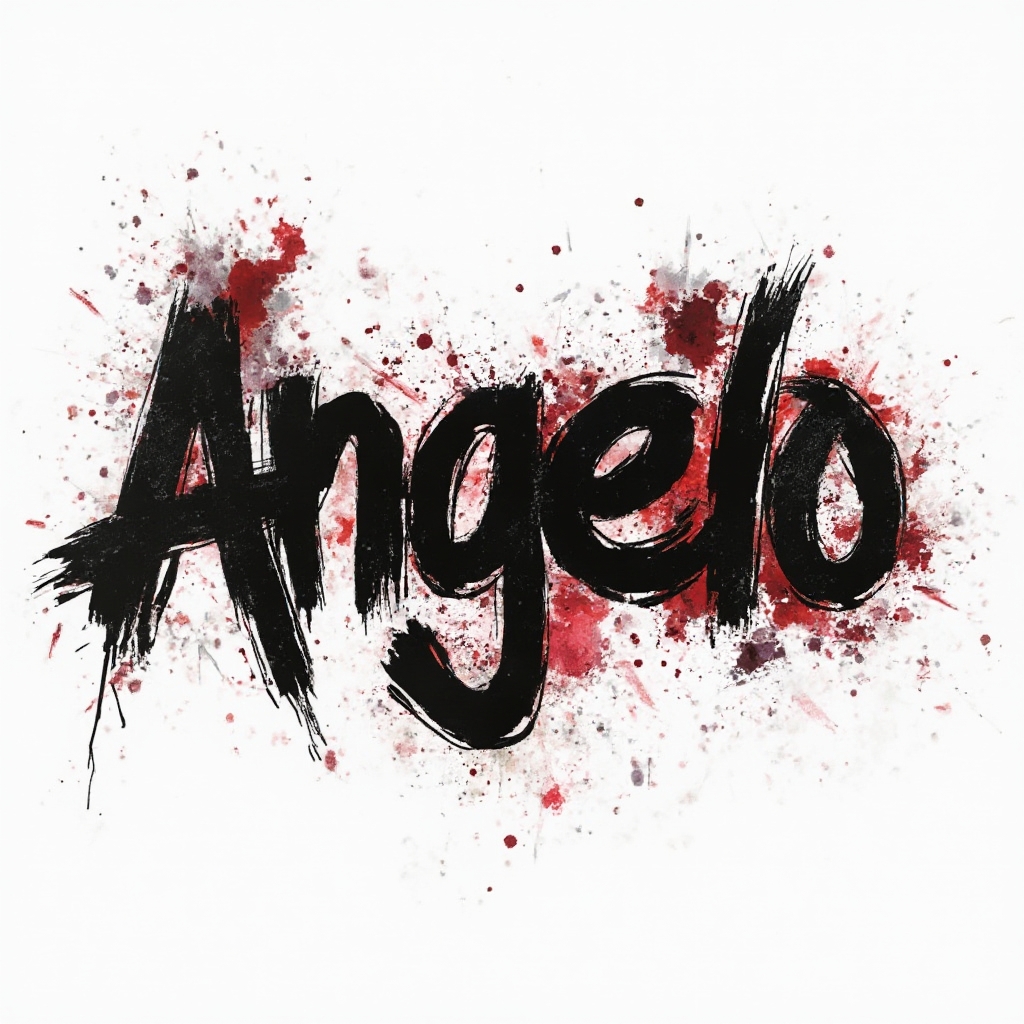 Trash Polka tattoo concept of the name angelo with bold black distressed lettering and dynamic red blocks on white background.