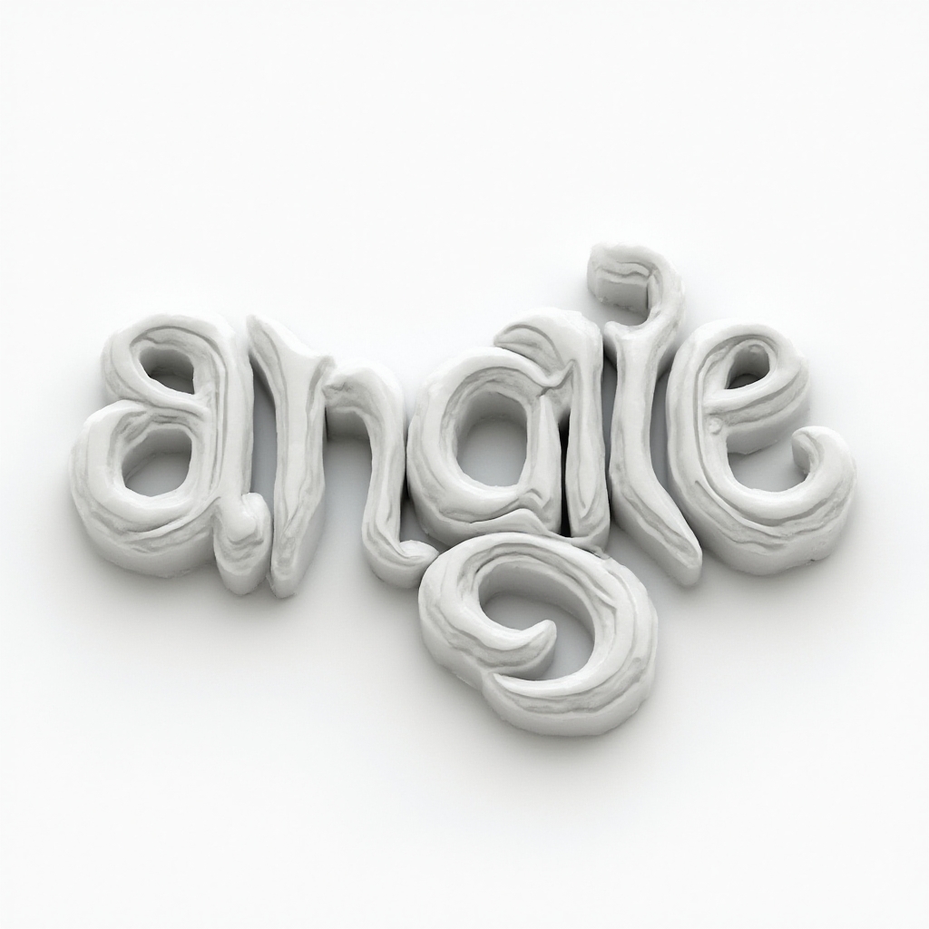 Dimensional sculpted lettering tattoo concept where the name angie appears as interlocking 3D forms on a white background.
