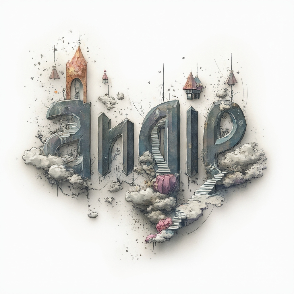 Surreal dreamscape tattoo design where the name angie becomes impossible structures on a white background.