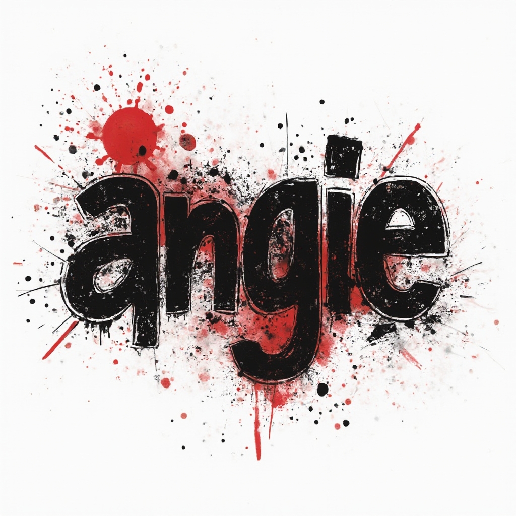 Trash Polka style tattoo concept where the name angie appears in distressed black lettering with red splashes on a white background.