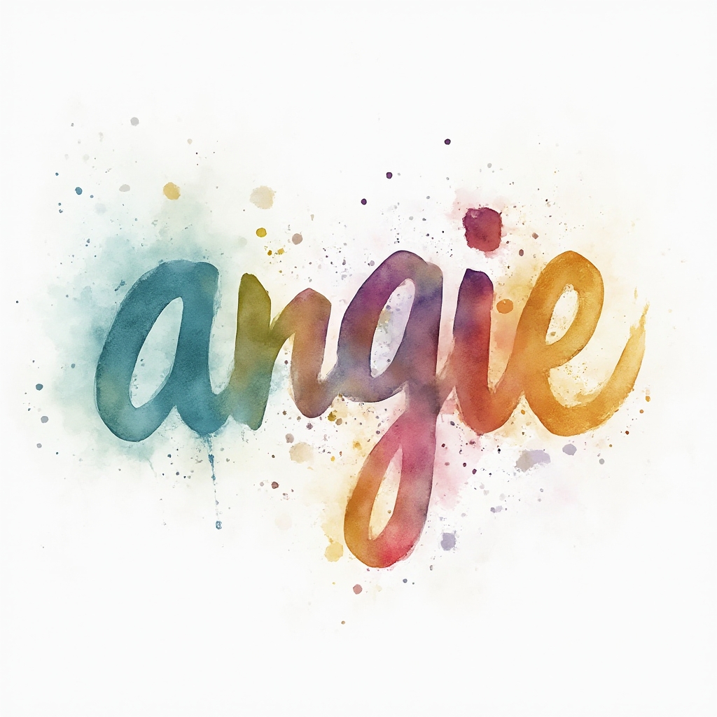 Watercolor splash tattoo concept integrating the name angie in fluid, painted lettering on a white background.