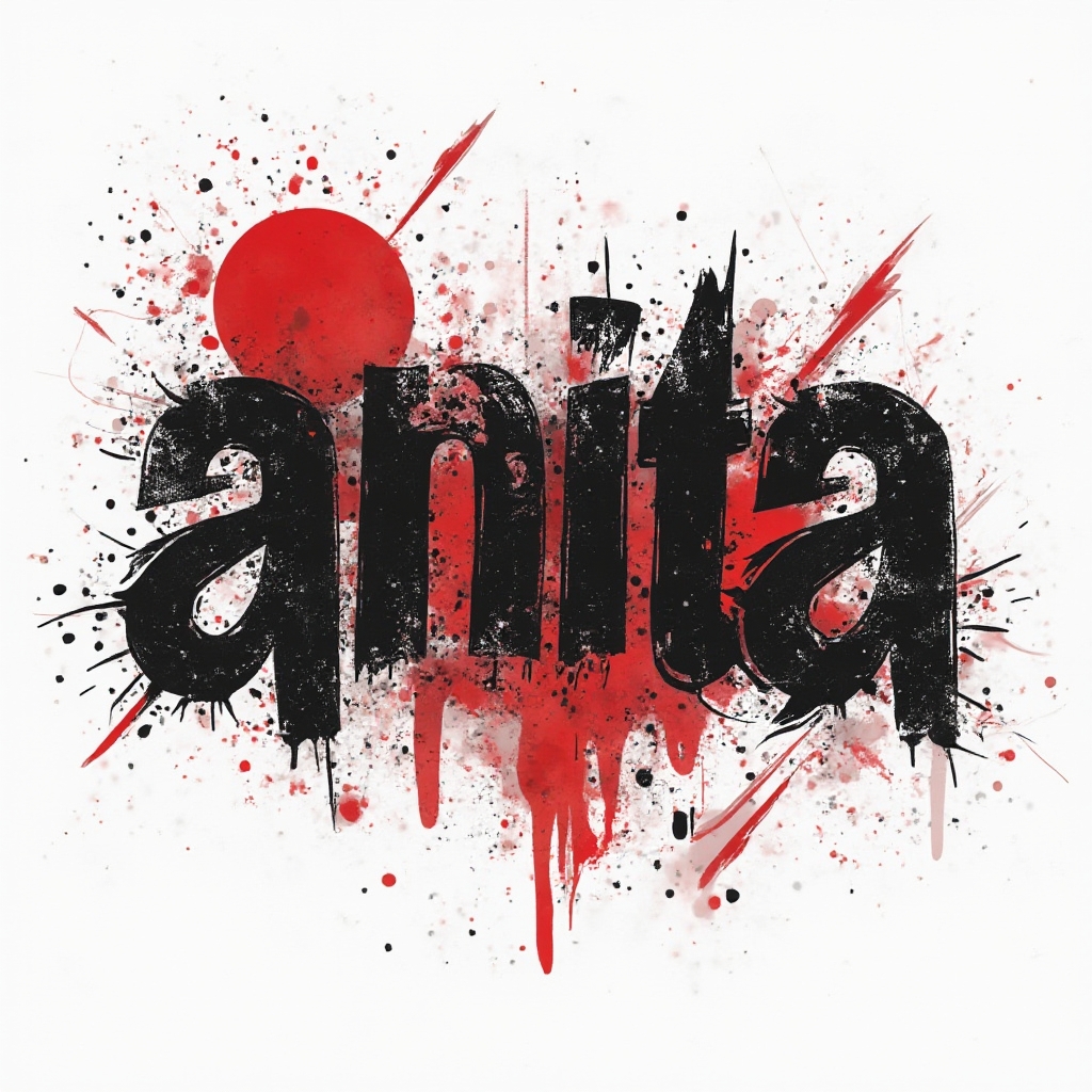 Trash Polka tattoo concept of the name anita with fragmented black and red lettering on white background