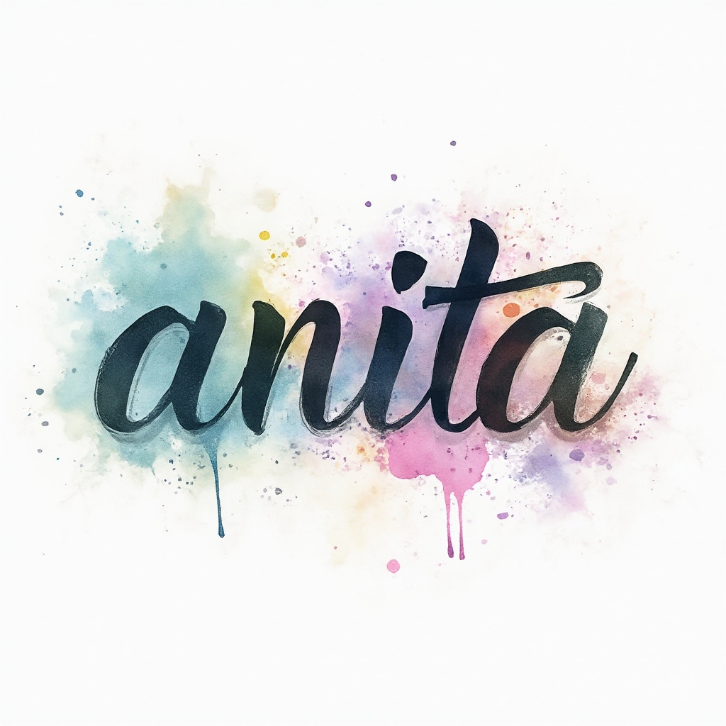 Watercolor tattoo concept where the name anita is built from colorful flowing brushlike letters and paint splashes on white background