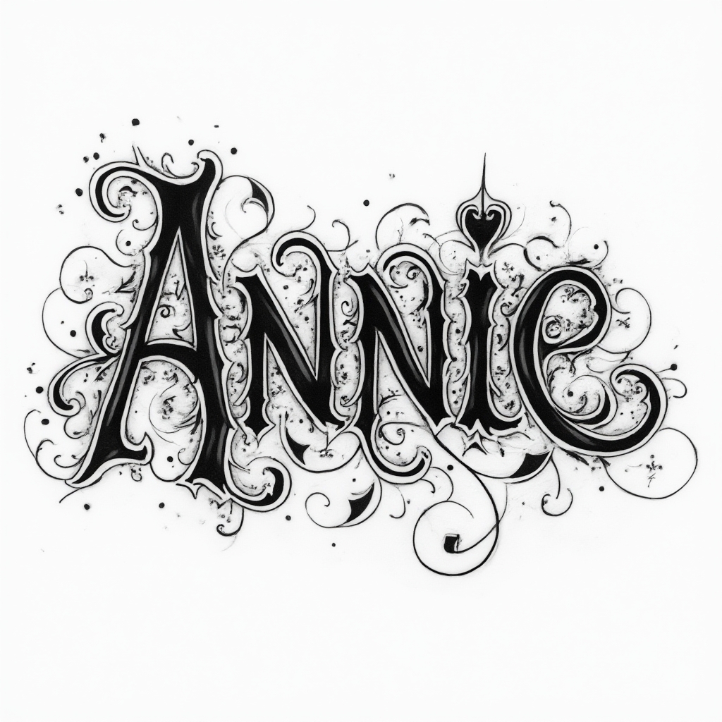 Ornamental blackwork tattoo design of the name annie formed from intricate patterned lettering on white background.