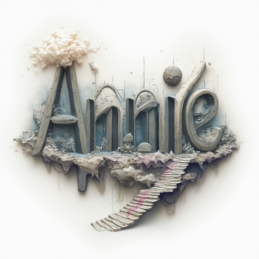 Surreal tattoo design of the name annie transformed into a dreamlike landscape of warped sculptural letters on white background.