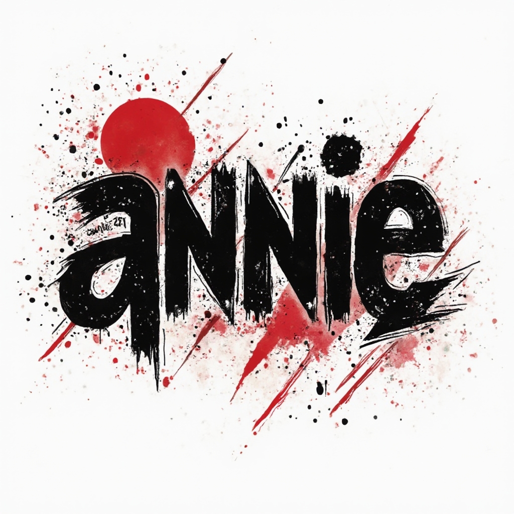 Trash Polka tattoo design of the name annie with bold black and red graphic lettering on white background.