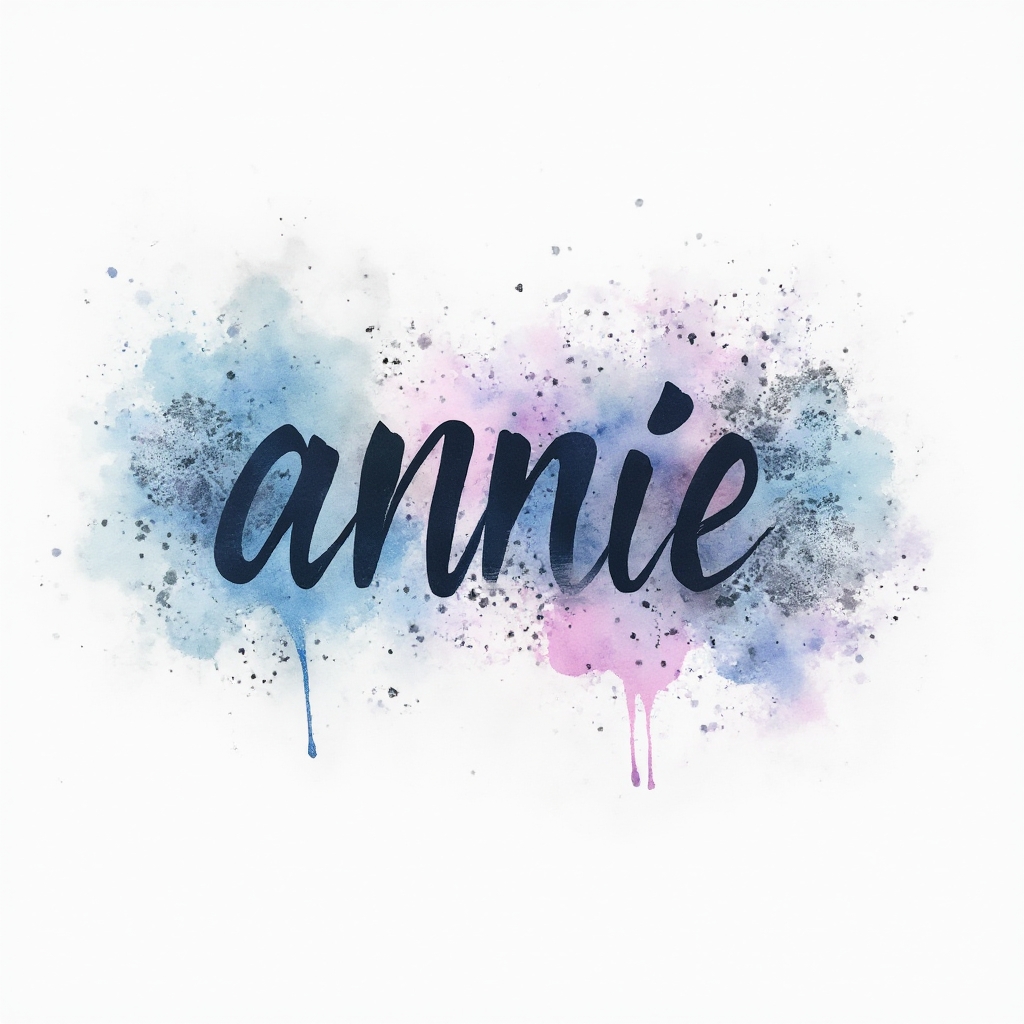 Watercolor tattoo design of the name annie in flowing script dissolving into colorful paint splashes on white background.
