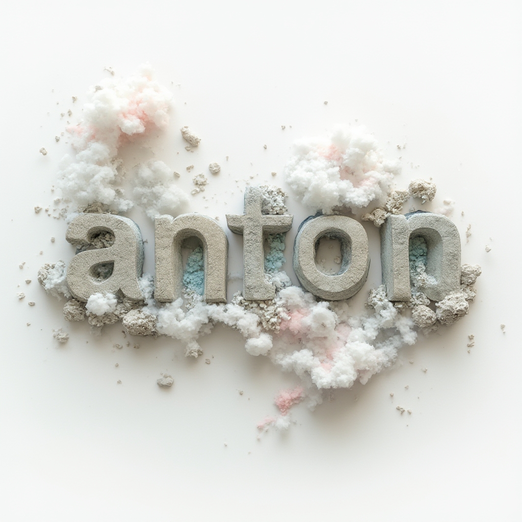 Surreal dreamlike tattoo concept where the name anton is built from floating stone fragments, clocks, and organic shapes on a white background.