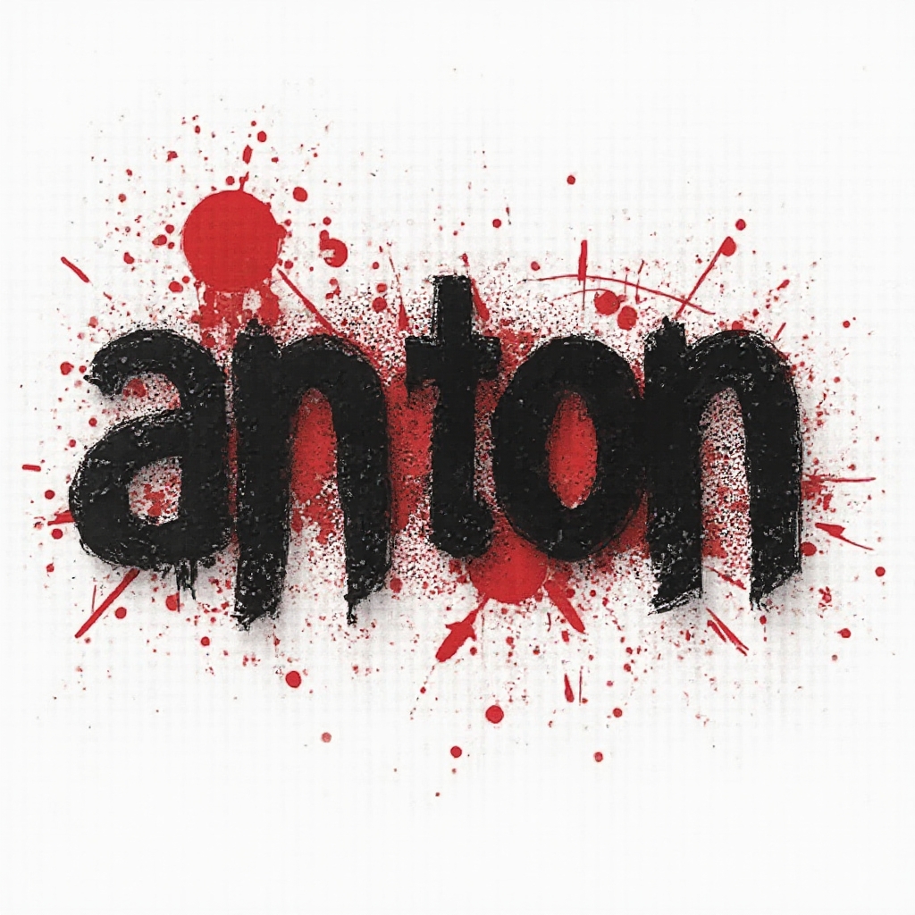 Trash Polka tattoo concept where the name anton is created from bold black strokes, red splashes, and grunge textures on a white background.