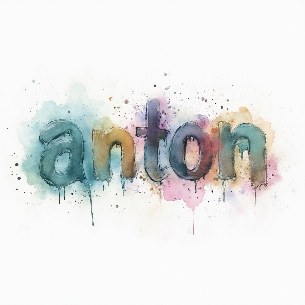Watercolor-style tattoo concept where the name anton is formed by colorful flowing paint strokes on a white background.