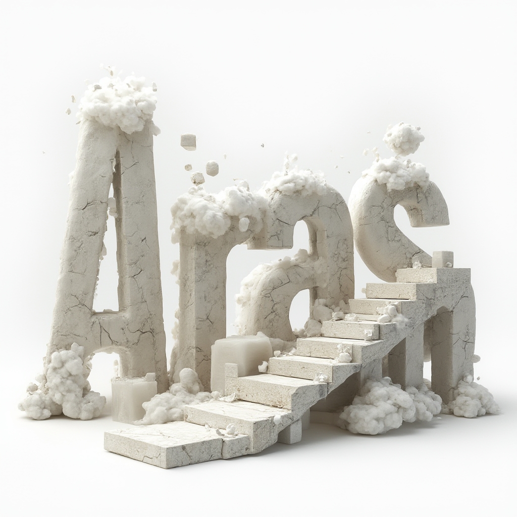 Surreal tattoo concept where the name aras becomes impossible stone structures and floating shapes on white background.