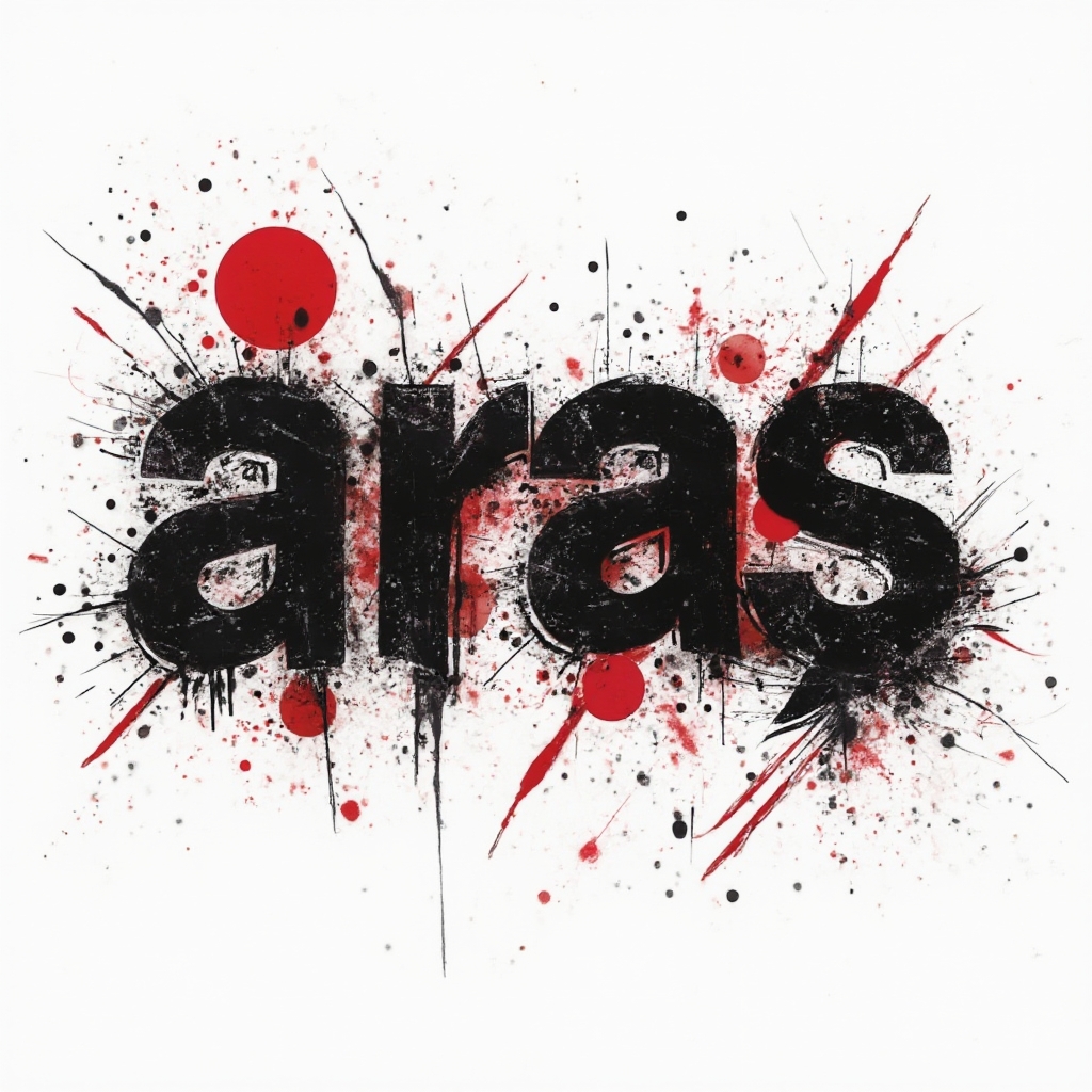 Trash Polka tattoo concept with the name aras suggested by fractured black forms and red splashes on white background.